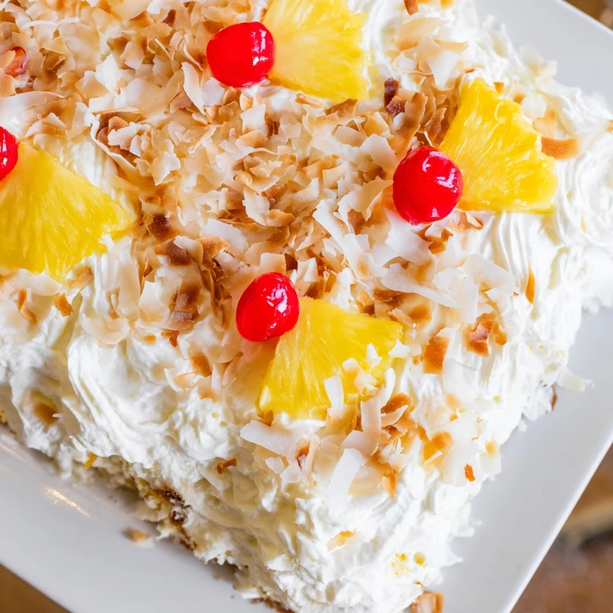 Golden Hawaiian poke cake topped with fluffy whipped cream and toasted coconut flakes