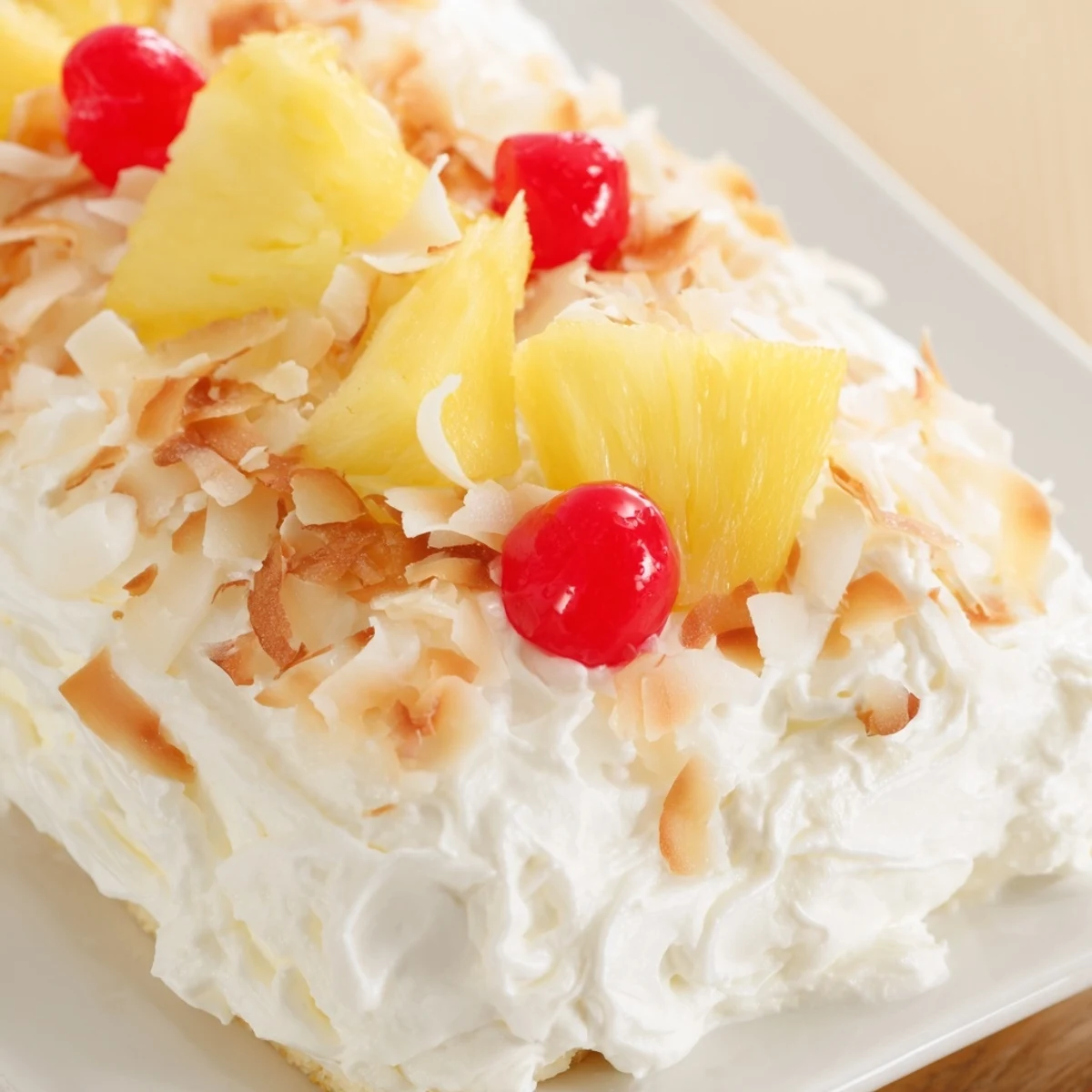 Slice of Hawaiian poke cake showing creamy pudding layers and golden brown coconut garnish