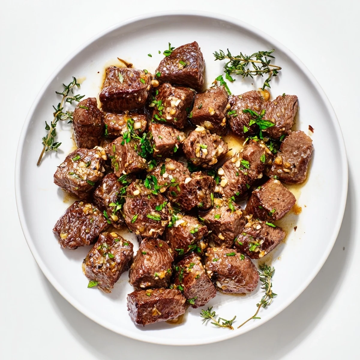 Golden pan-seared garlic butter steak bites sizzling in a cast iron skillet with fresh parsley