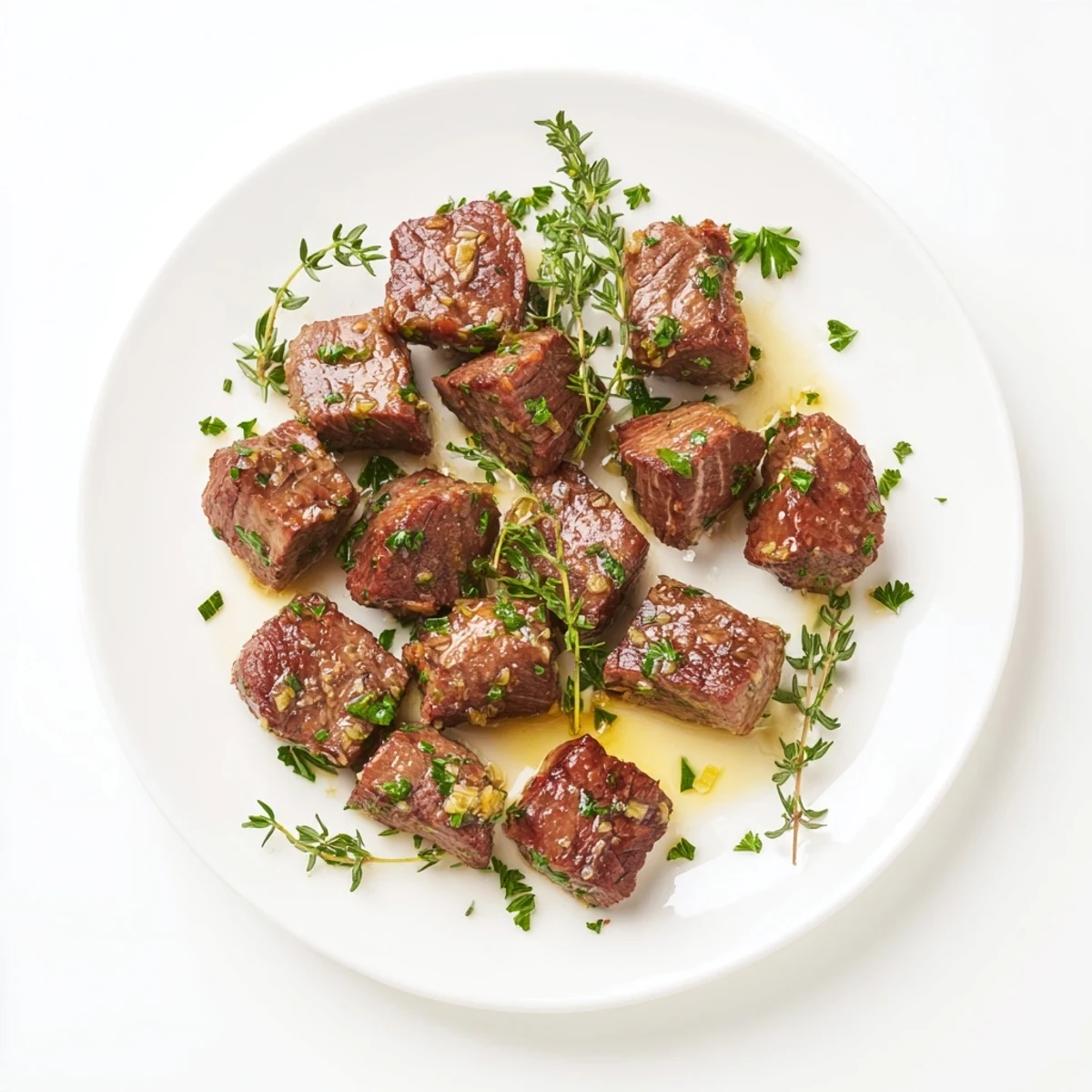 Tender steak cubes coated in rich garlic butter sauce served on a white porcelain plate