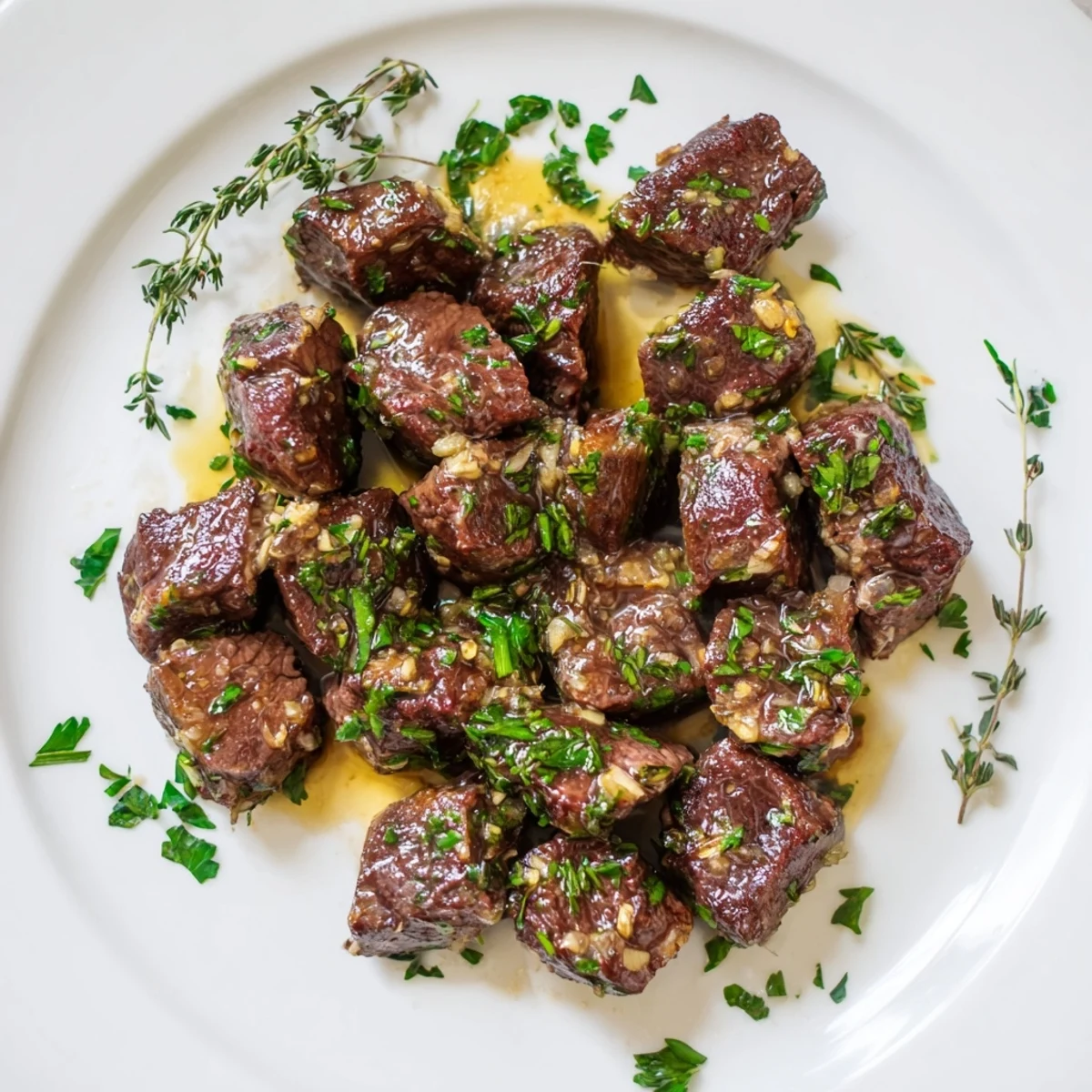 Succulent bite-sized steak pieces swimming in melted butter with minced garlic and herb garnish