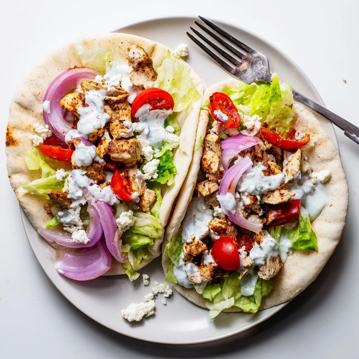 Golden roasted chicken and colorful vegetables fill warm pita breads with creamy herby ranch drizzle