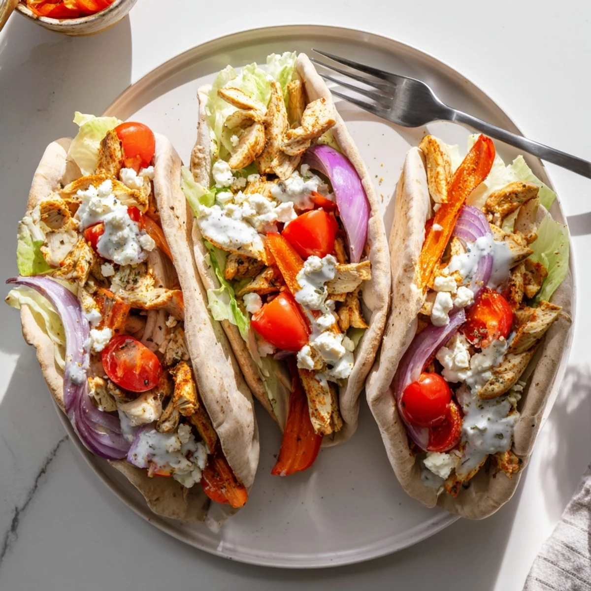 Juicy sheet pan chicken pitas loaded with tender peppers, onions, and tangy homemade ranch sauce