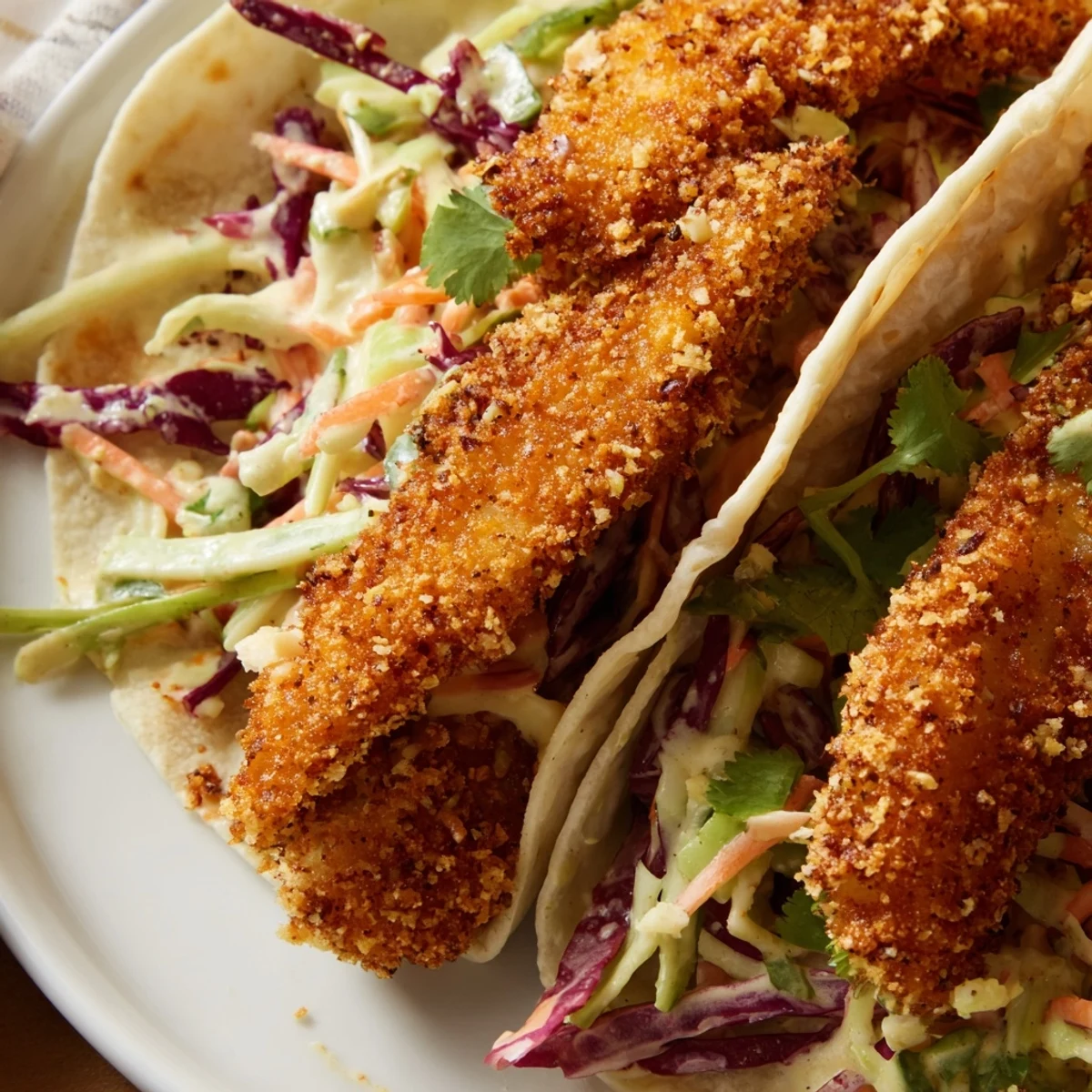 Golden crispy fish tacos piled high with colorful purple and green cilantro lime slaw in warm tortillas