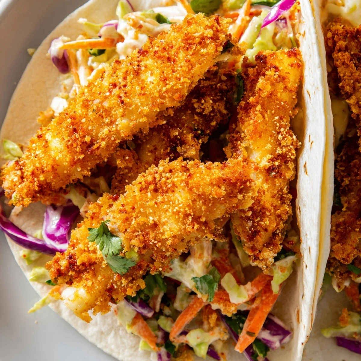Plate of crispy fish tacos with vibrant cilantro lime coleslaw garnish and fresh lime wedges ready to serve