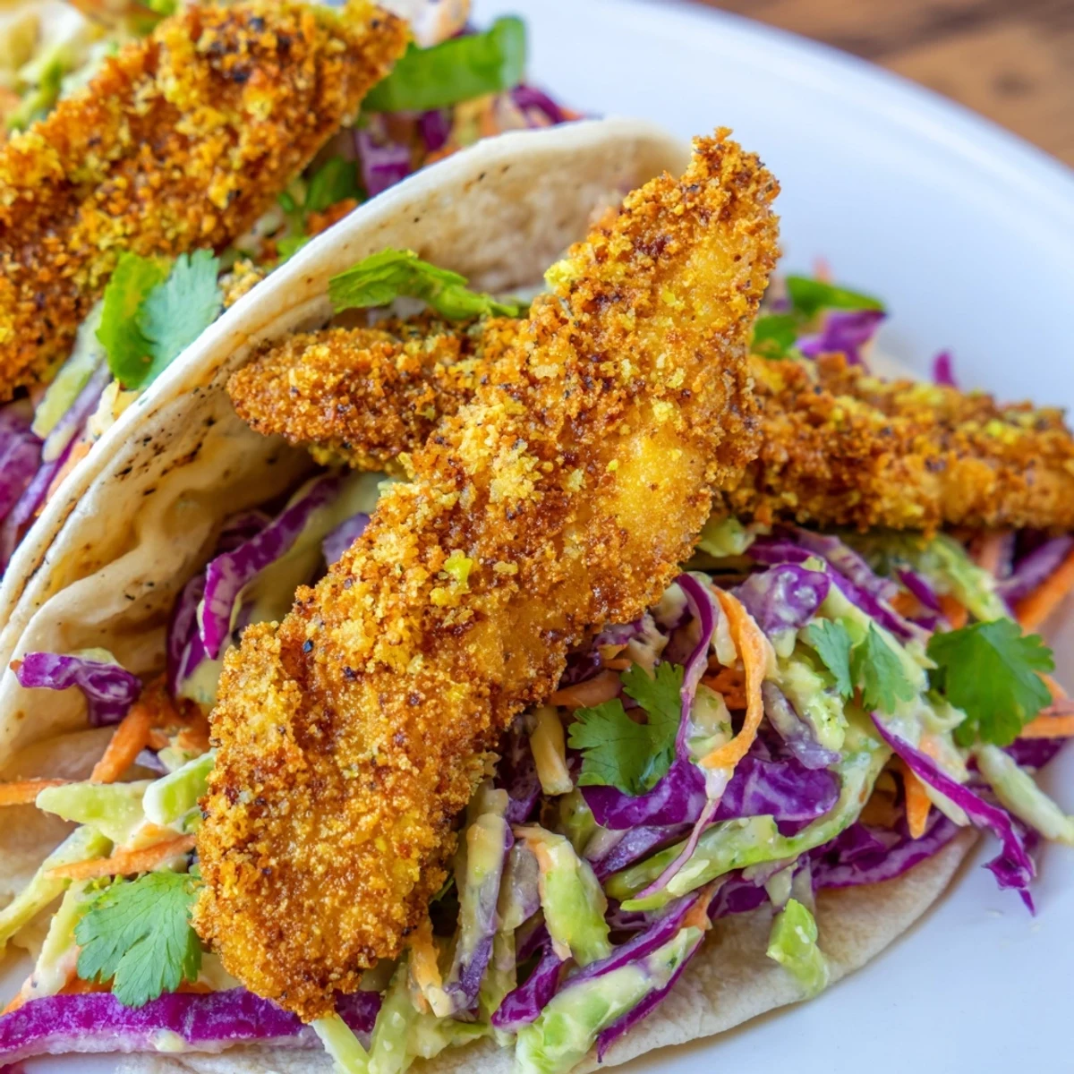 Homemade crispy fish tacos featuring crunchy panko battered fillets topped with zesty fresh cabbage slaw and lime