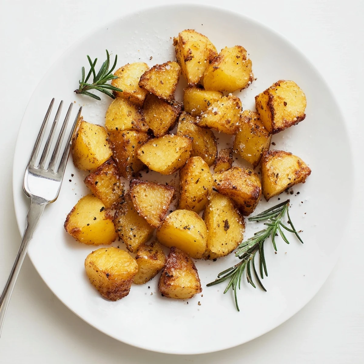 Crispy homemade roast potatoes arranged on a roasting tray, garnished with fresh rosemary sprigs