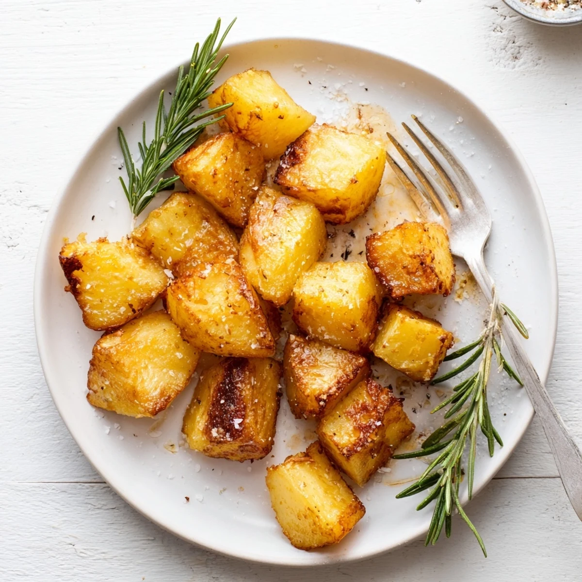 Golden brown homemade roast potatoes with crispy edges and fluffy centers, seasoned with sea salt