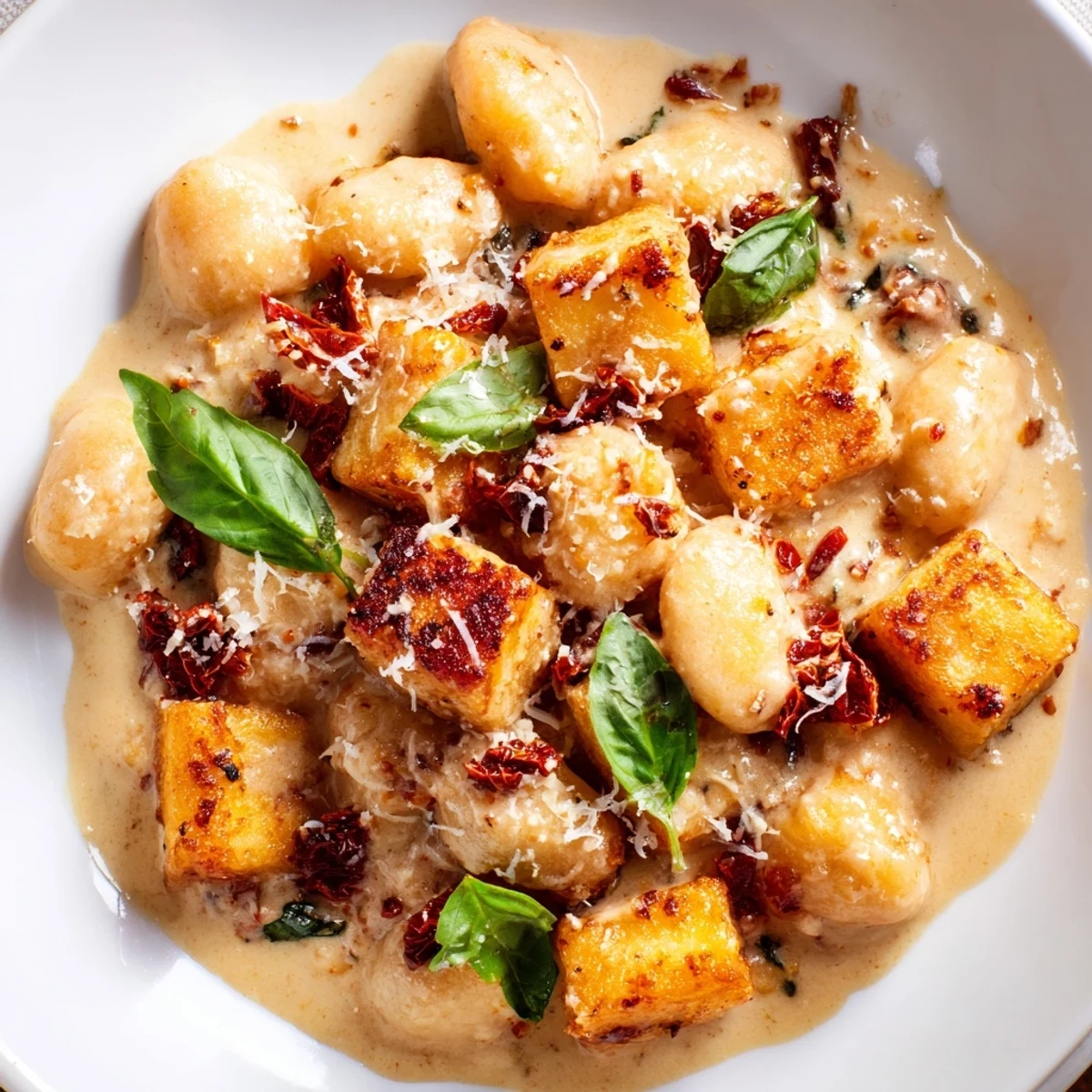 Golden crispy tofu cubes tossed with pillowy gnocchi in a rich creamy sun-dried tomato sauce