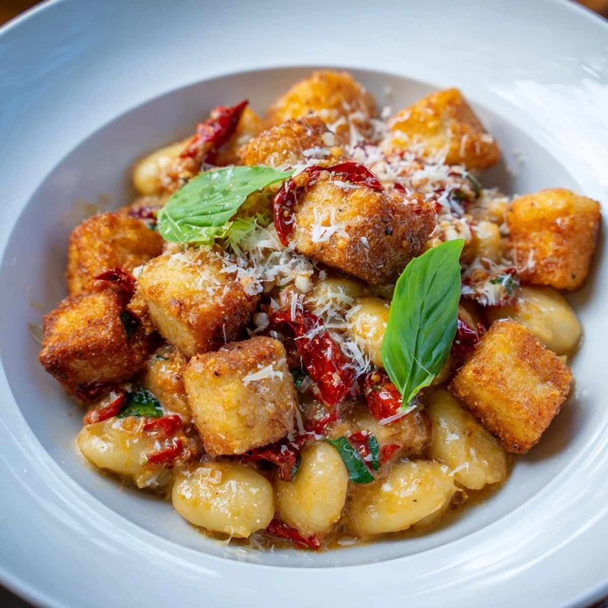 Restaurant-style vegetarian bowl featuring crunchy golden tofu and soft gnocchi coated in savory tomato cream sauce