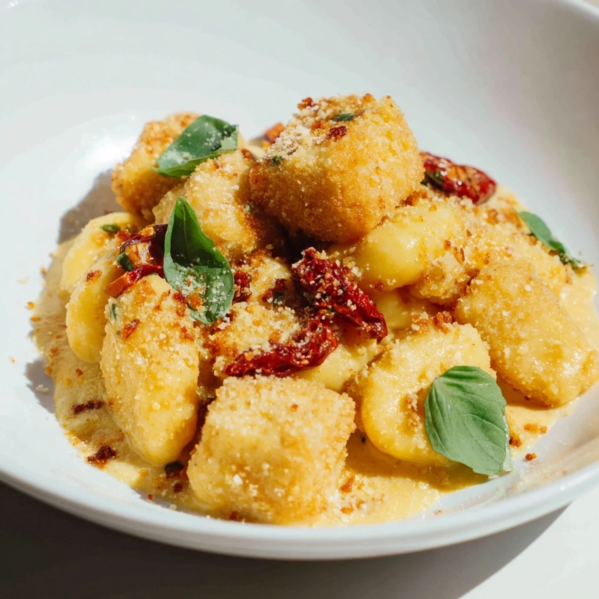 Marry Me crispy tofu with gnocchi plated in a velvety white sauce topped with fresh basil
