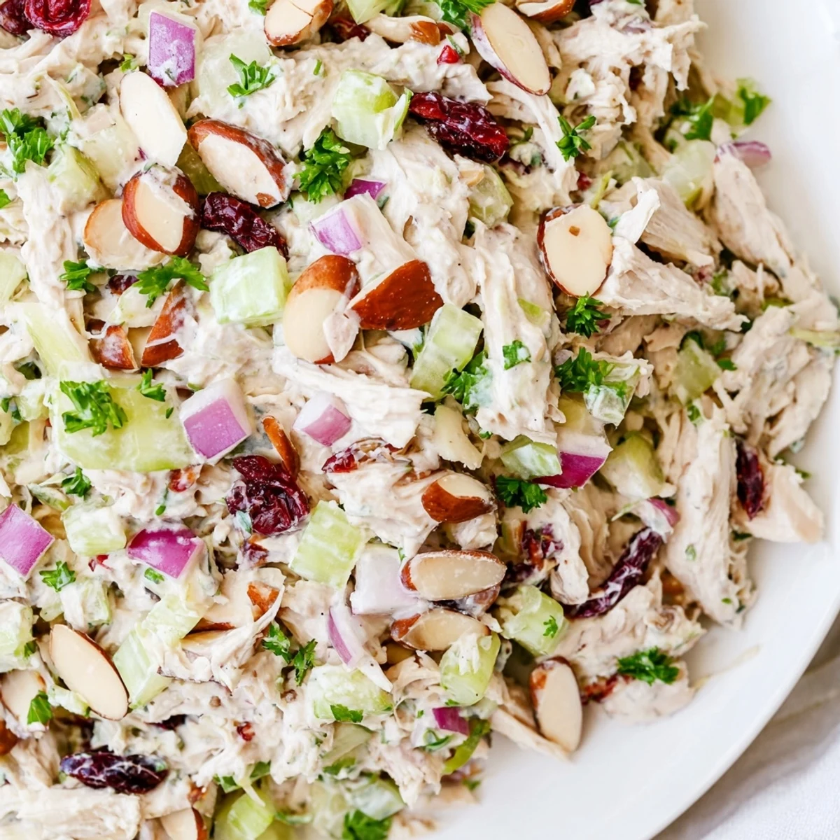 Healthy chicken salad featuring shredded rotisserie meat tossed in tangy Greek yogurt dressing