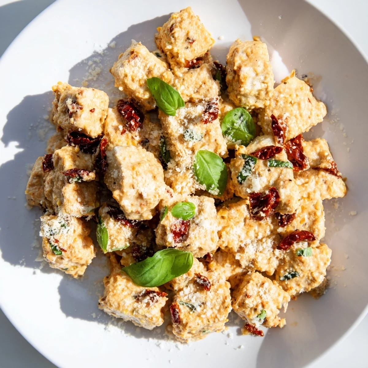 Golden crispy tofu cubes swim in a creamy sun-dried tomato garlic sauce garnished with fresh basil