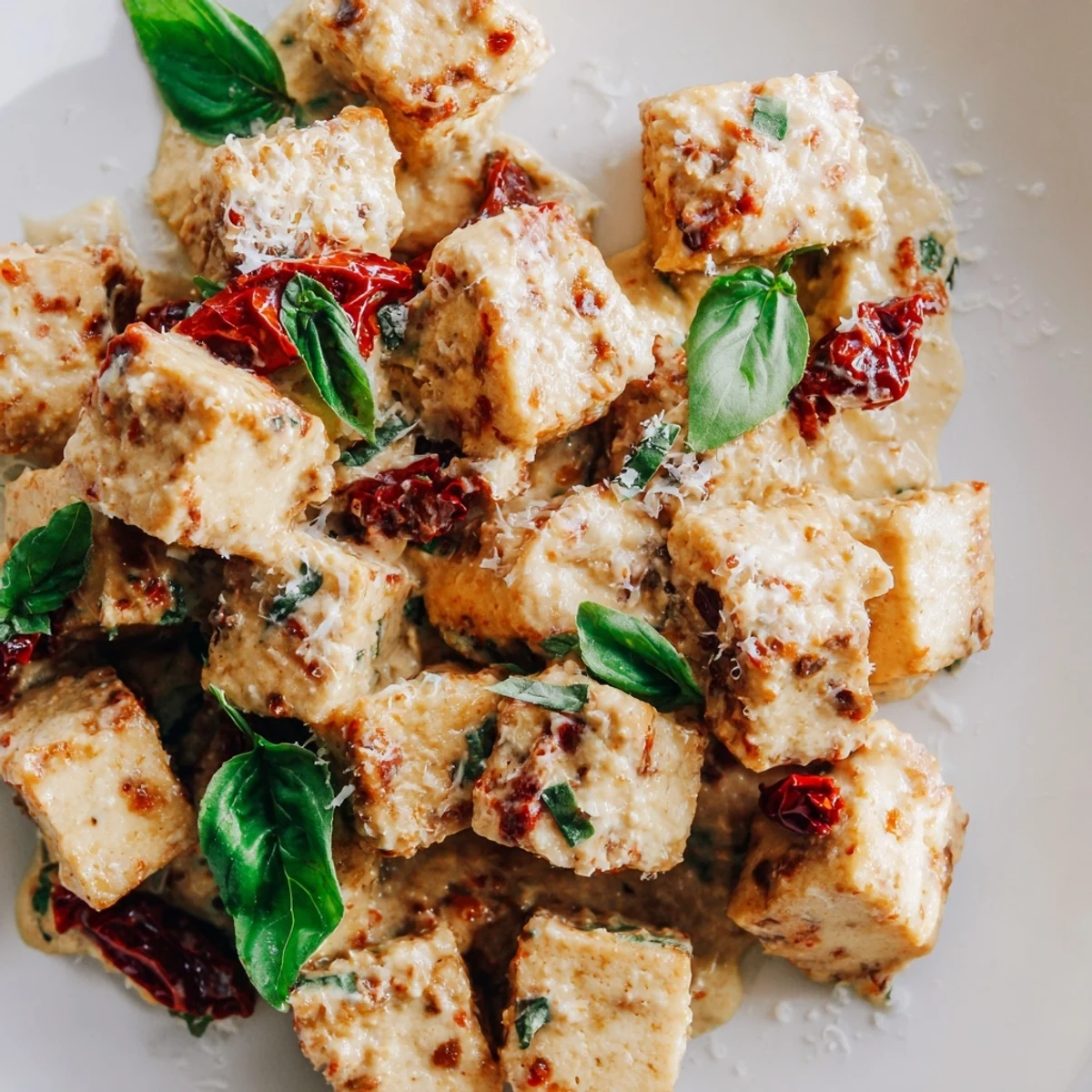 Crispy Marry Me Tofu served in a rich white cream sauce with red tomato pieces