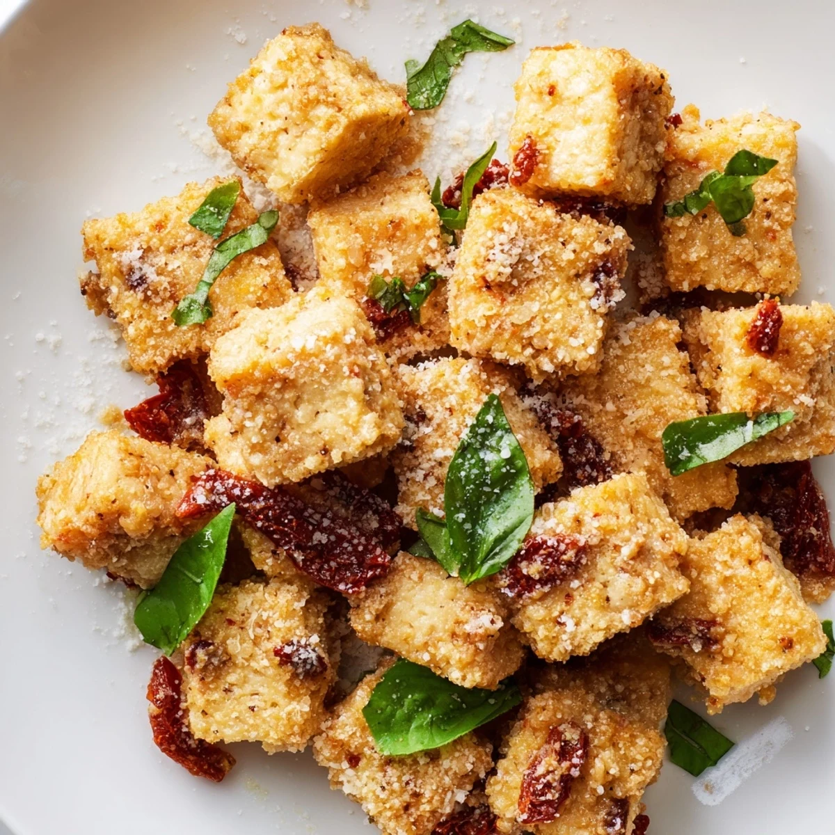 Pan-fried tofu pieces coated in a savory herb cream sauce with sun-dried tomatoes and parmesan