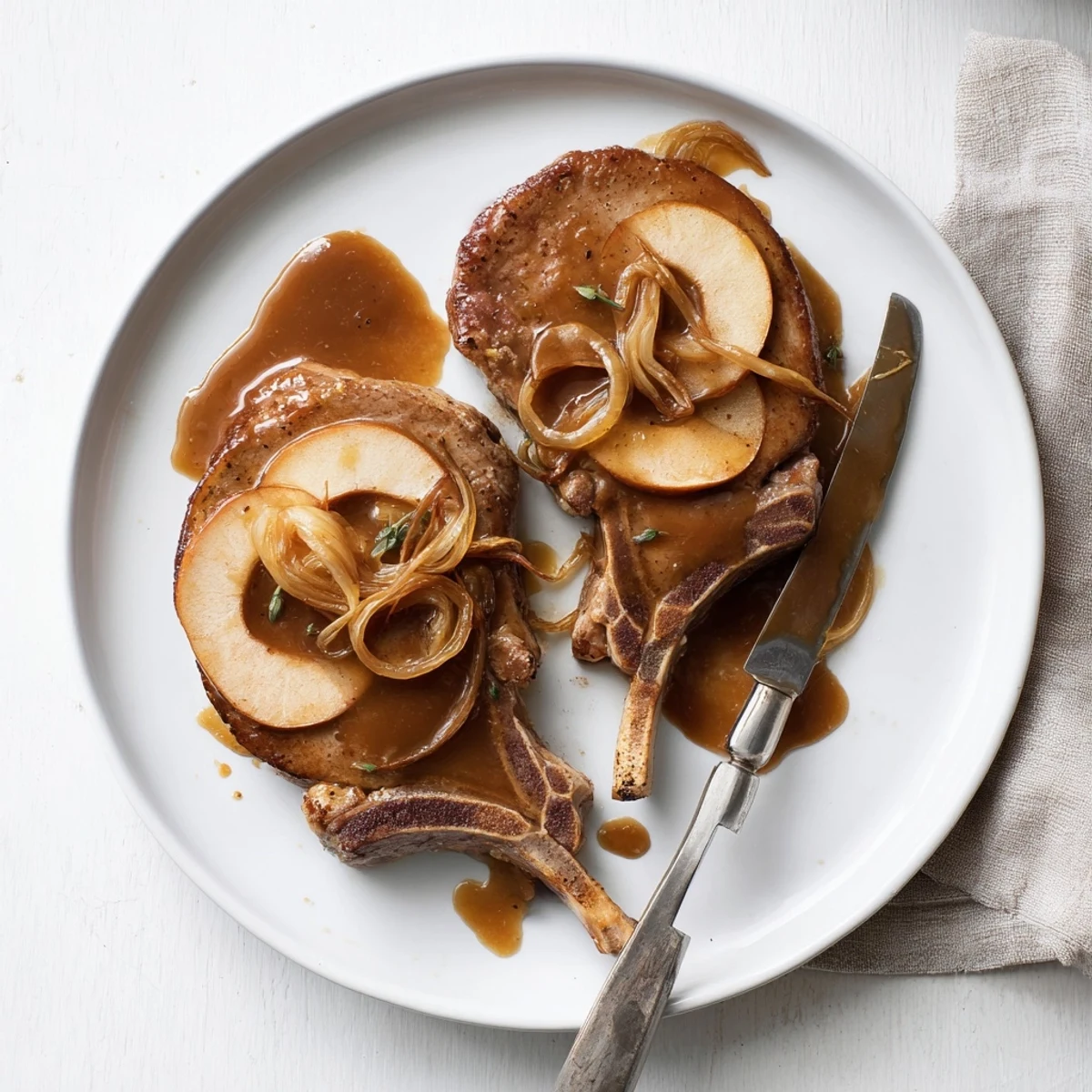 Tender pork chops simmered in rich apple butter with caramelized onion and apple slices