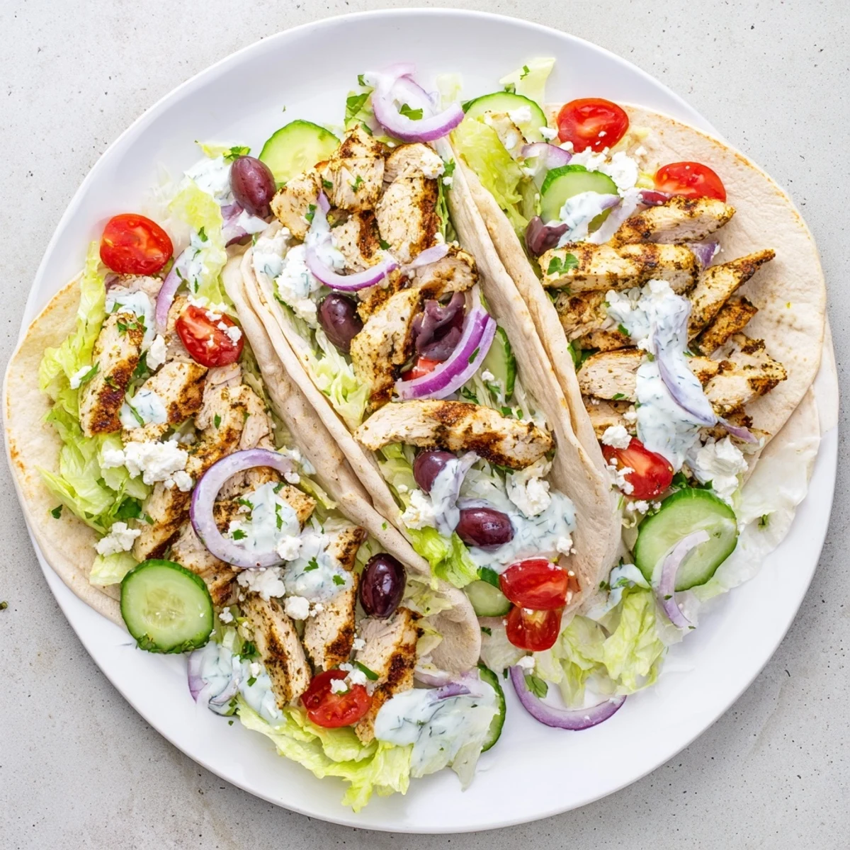 Golden grilled chicken Mediterranean tacos topped with fresh feta, crisp vegetables, and tangy yogurt sauce in soft flour tortillas