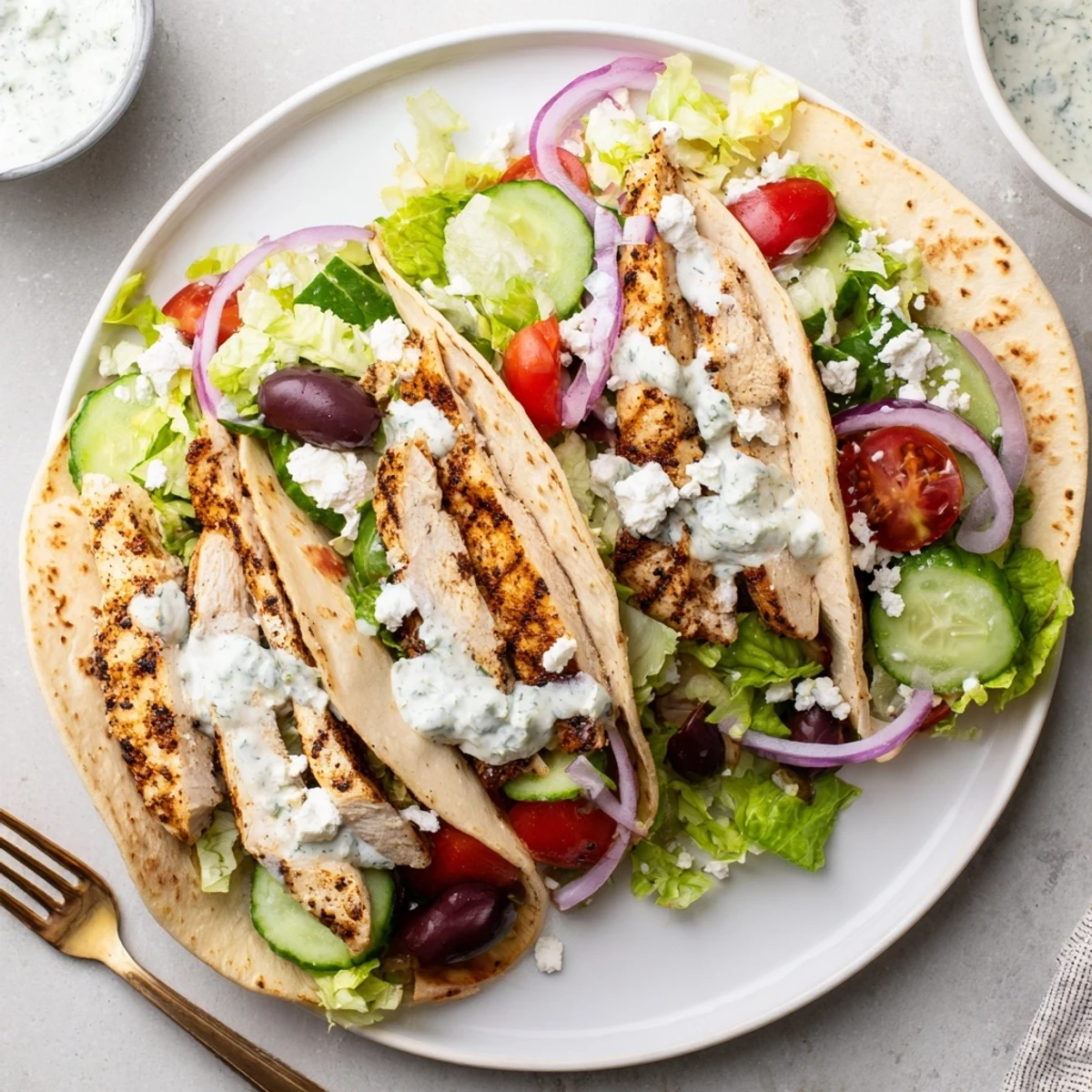 Mediterranean chicken tacos loaded with sliced seasoned meat, crunchy cucumber, tomatoes, olives, and crumbled feta cheese on warm tortillas