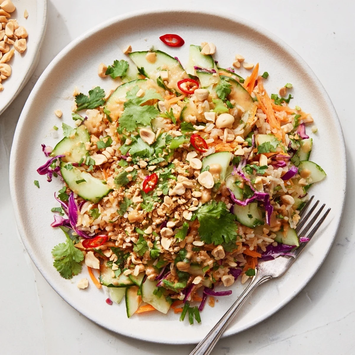 Golden crispy rice salad with fresh vegetables in creamy peanut sesame dressing bowl