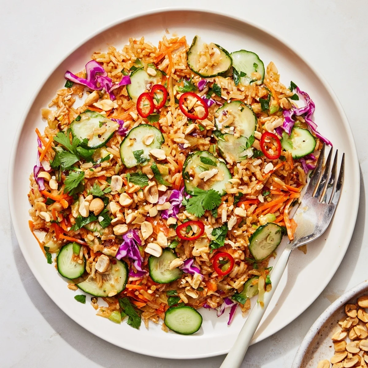 Close-up of crispy rice salad drizzled with thick peanut sesame sauce and cilantro