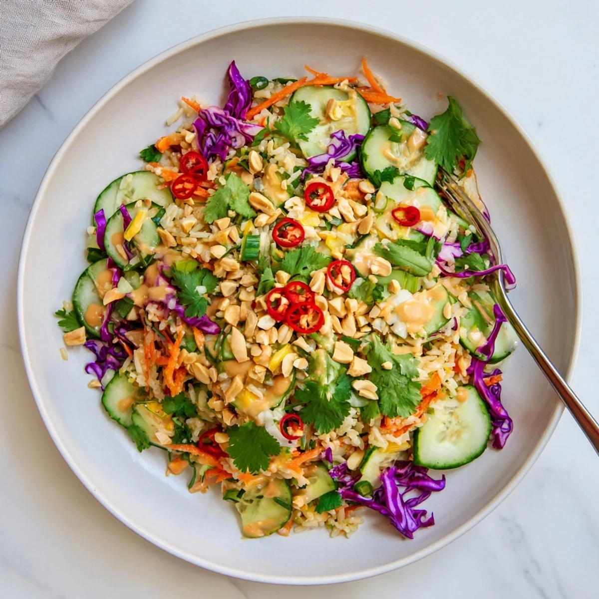 Vibrant Asian-inspired crispy rice salad topped with peanuts and colorful shredded vegetables