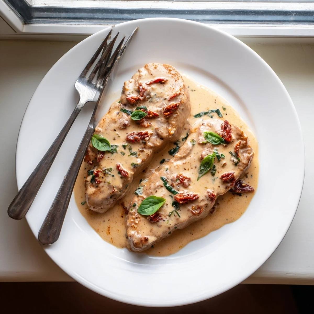 Golden brown Marry Me Pork Chops nestled in creamy sun-dried tomato parmesan sauce garnished with fresh basil