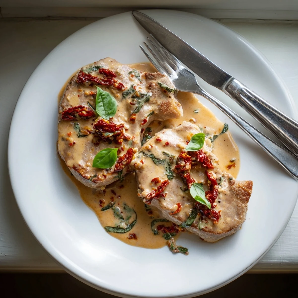Tender boneless Marry Me Pork Chops simmered in rich white sauce with sun-dried tomatoes and melted parmesan