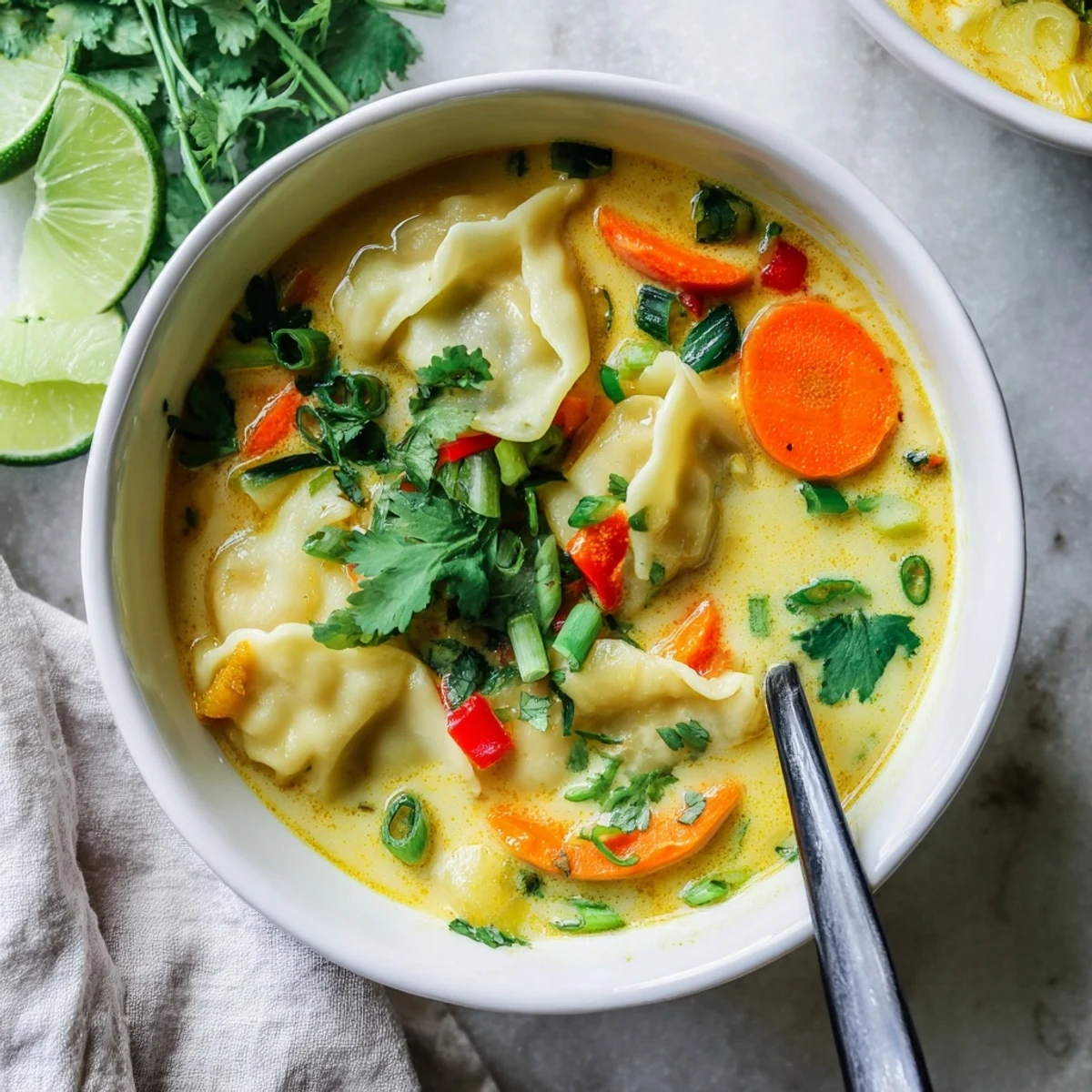Creamy coconut curry soup with fluffy homemade dumplings floating in golden aromatic broth