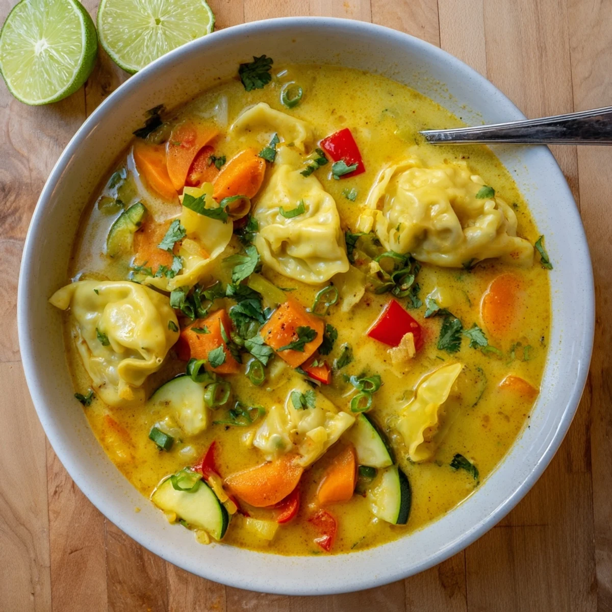 Steaming bowl of simple coconut curry soup featuring tender dumplings and colorful vegetables