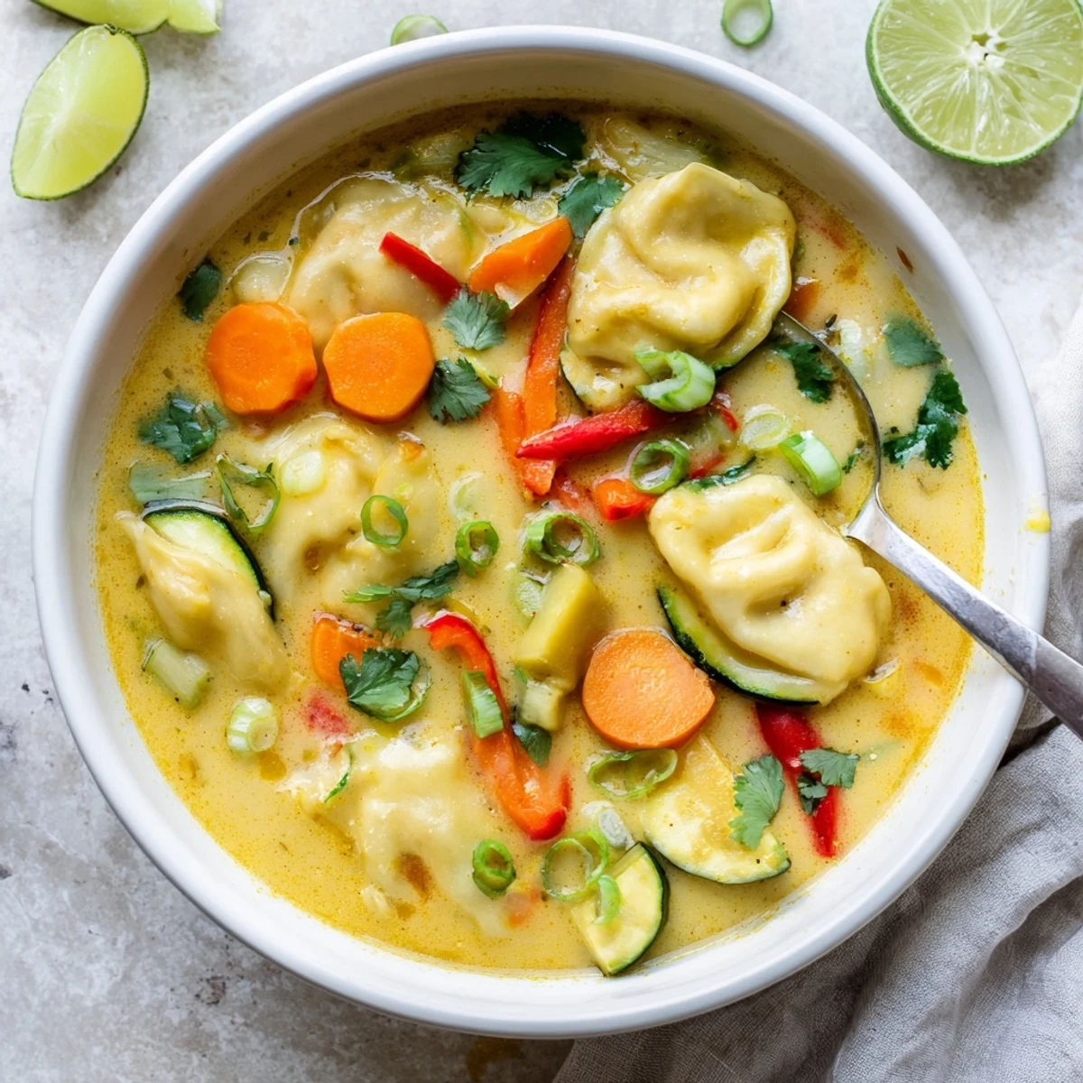 Close-up of vegetarian coconut curry soup with soft dumplings ready for cozy dinner