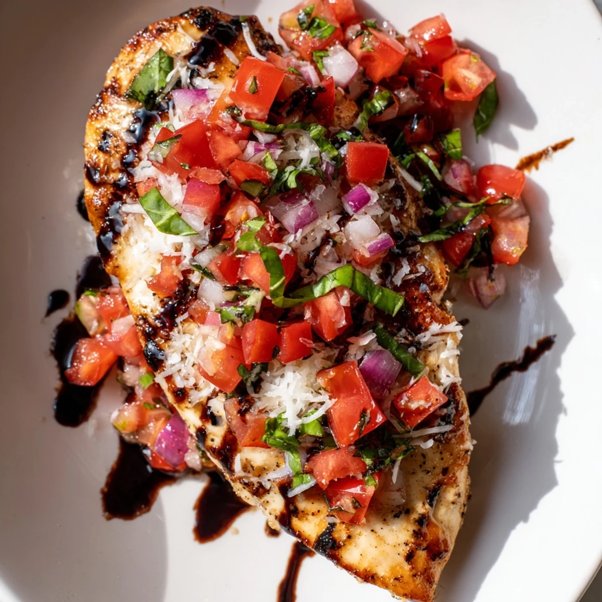Golden seared chicken breast piled high with fresh diced tomato bruschetta topping and finished with balsamic glaze drizzle