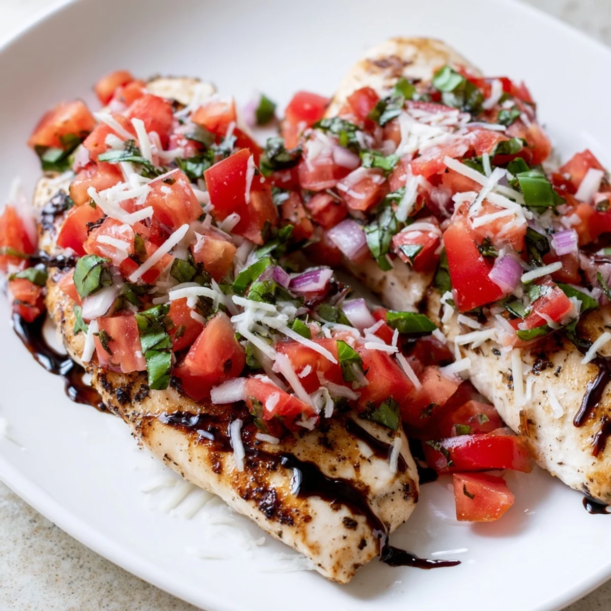 Juicy oven-baked chicken topped with colorful bruschetta mixture featuring ripe tomatoes red onion basil and melted cheese