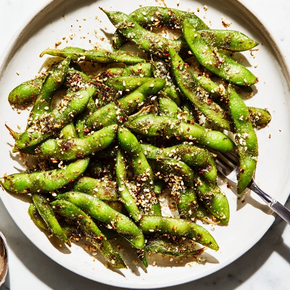 Golden air fryer edamame pods seasoned with garlic and paprika in a rustic bowl