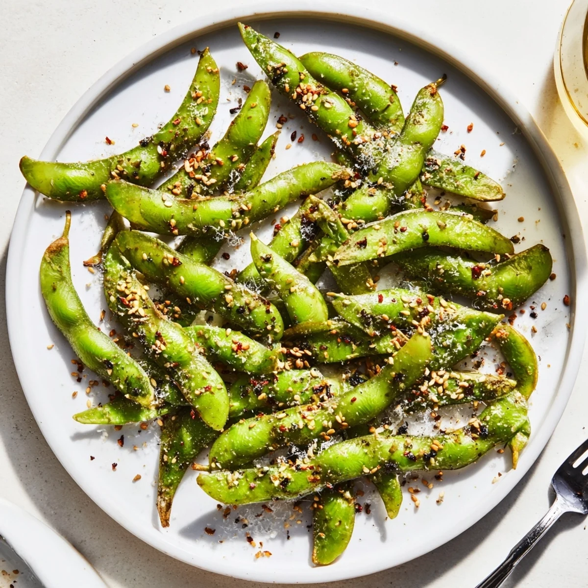 Crispy air fryer edamame sprinkled with sesame seeds and chili flakes on a wooden board
