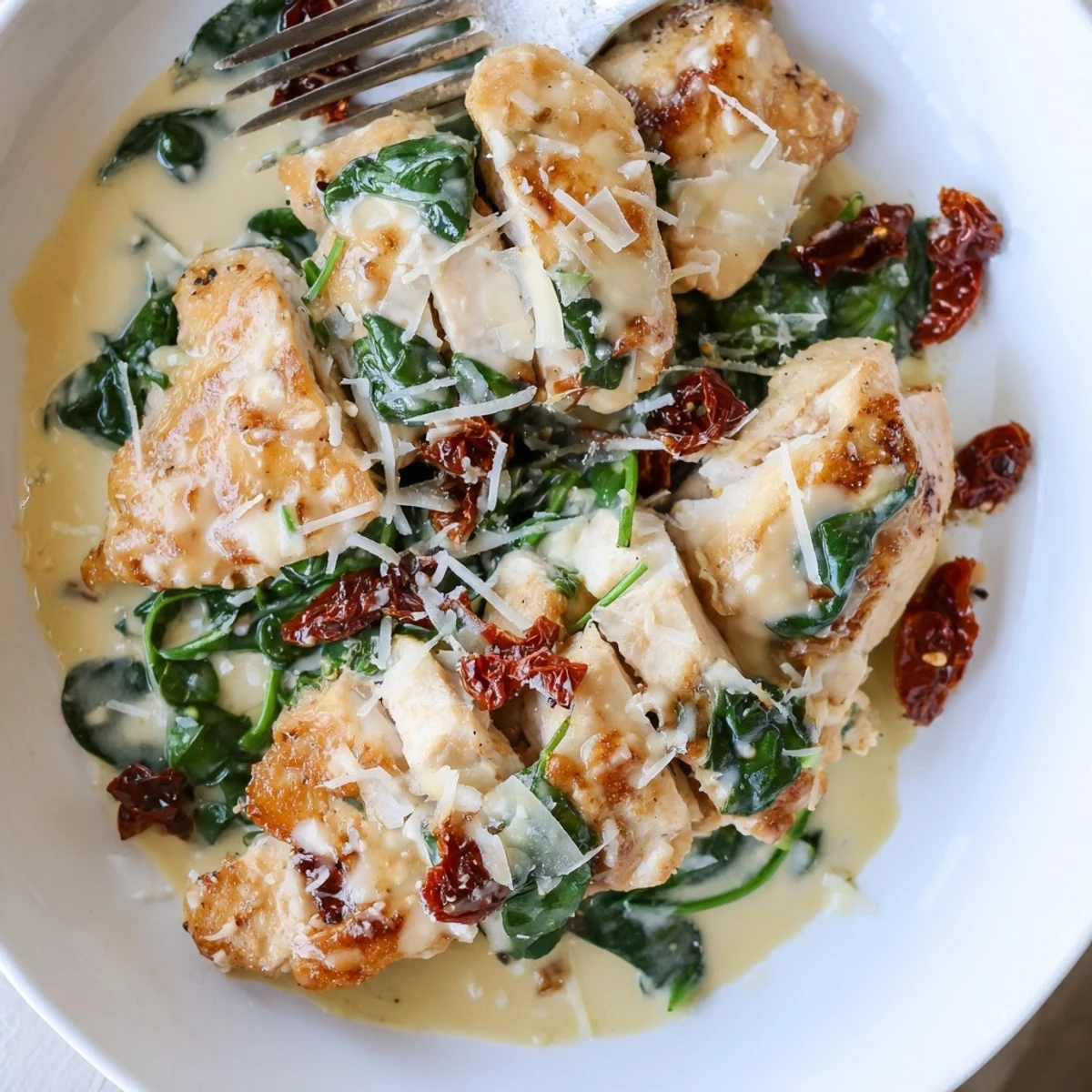 Golden pan-seared chicken breasts resting in rich low carb creamy Tuscan chicken sauce with sun-dried tomatoes