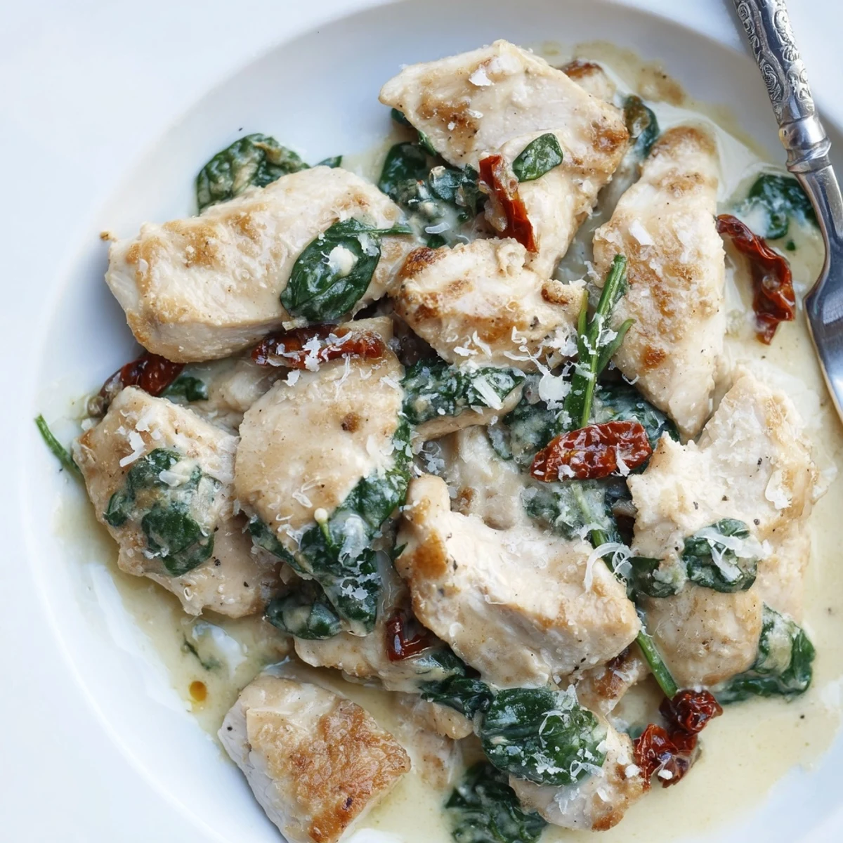 Savory low carb creamy Tuscan chicken plated with wilted spinach and parmesan garnish on white ceramic