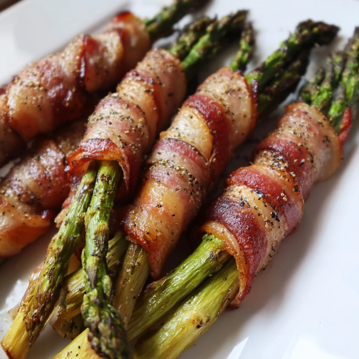 Tender green asparagus spears wrapped in crispy smoky bacon bundles on a white serving platter