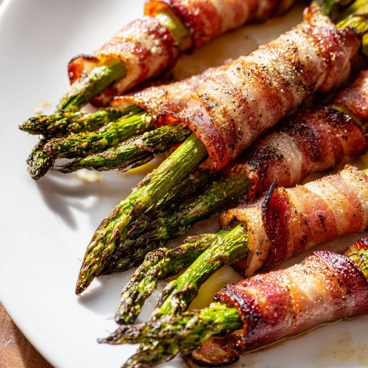 Golden bacon wrapped asparagus roasted to perfection with black specks of pepper and garlic