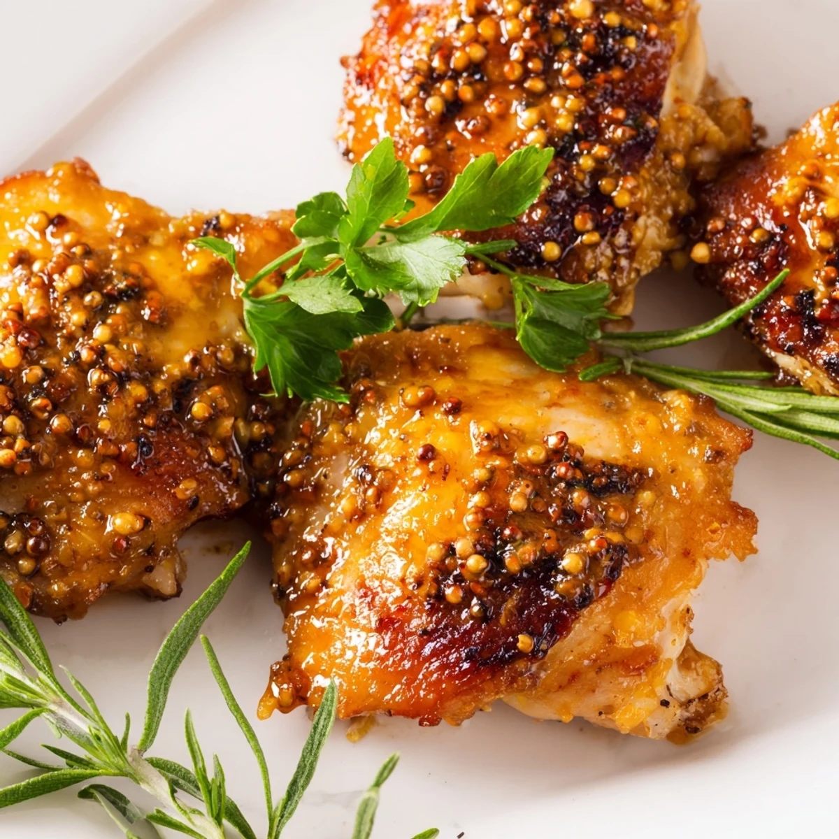 Juicy chicken thighs roasting in tangy honey mustard sauce with golden crispy skin