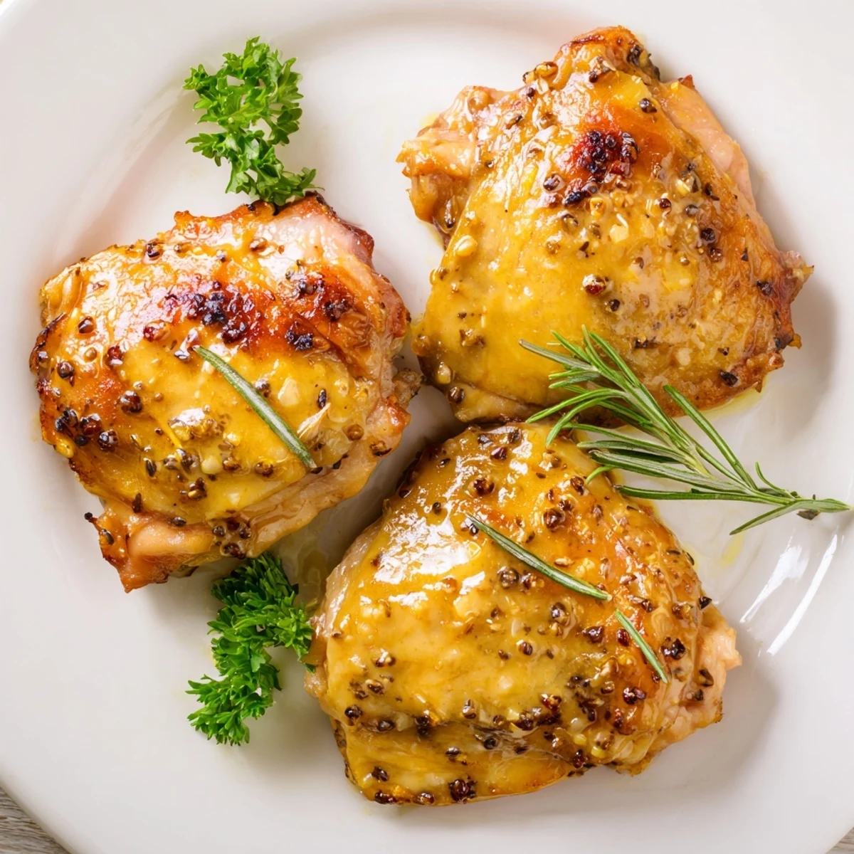 Golden baked honey mustard chicken thighs glazed with caramelized sauce and fresh parsley garnish
