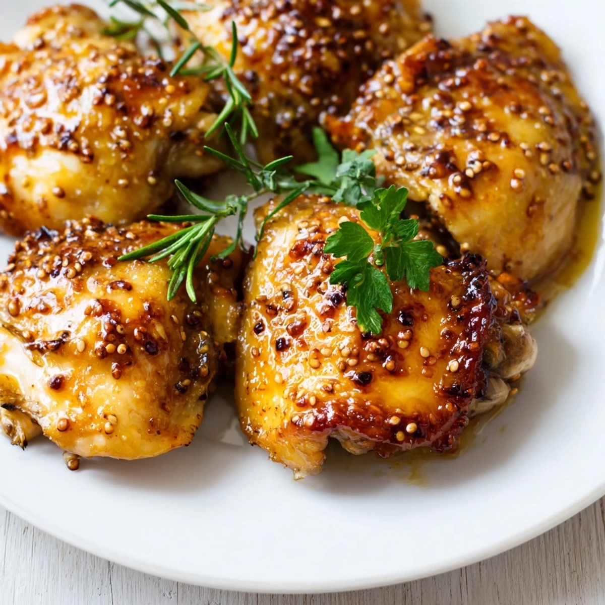Family style baked honey mustard chicken served with pan drippings over a white platter