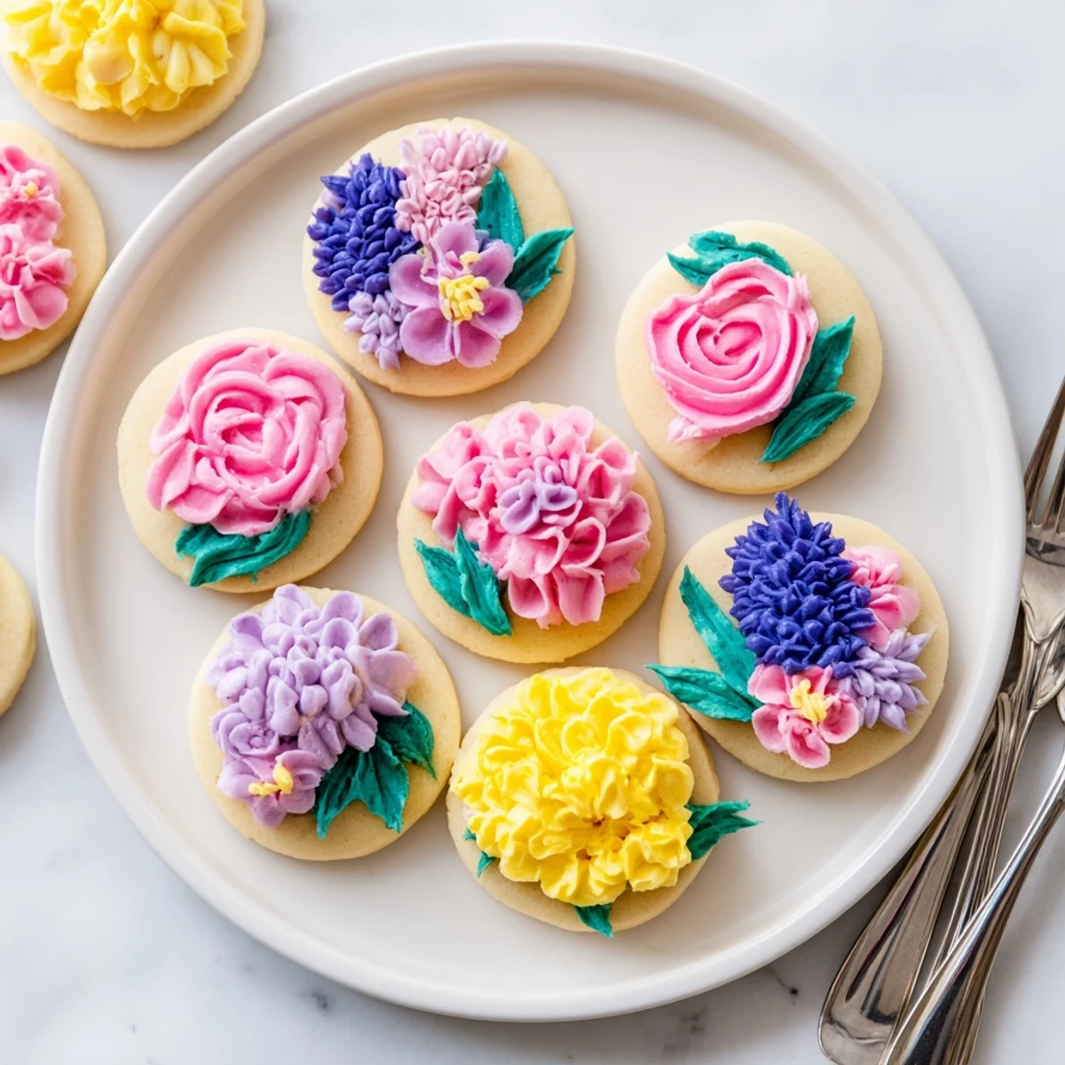 Golden sugar cookies topped with vibrant pink buttercream flower petals piped into delicate blooming rosettes