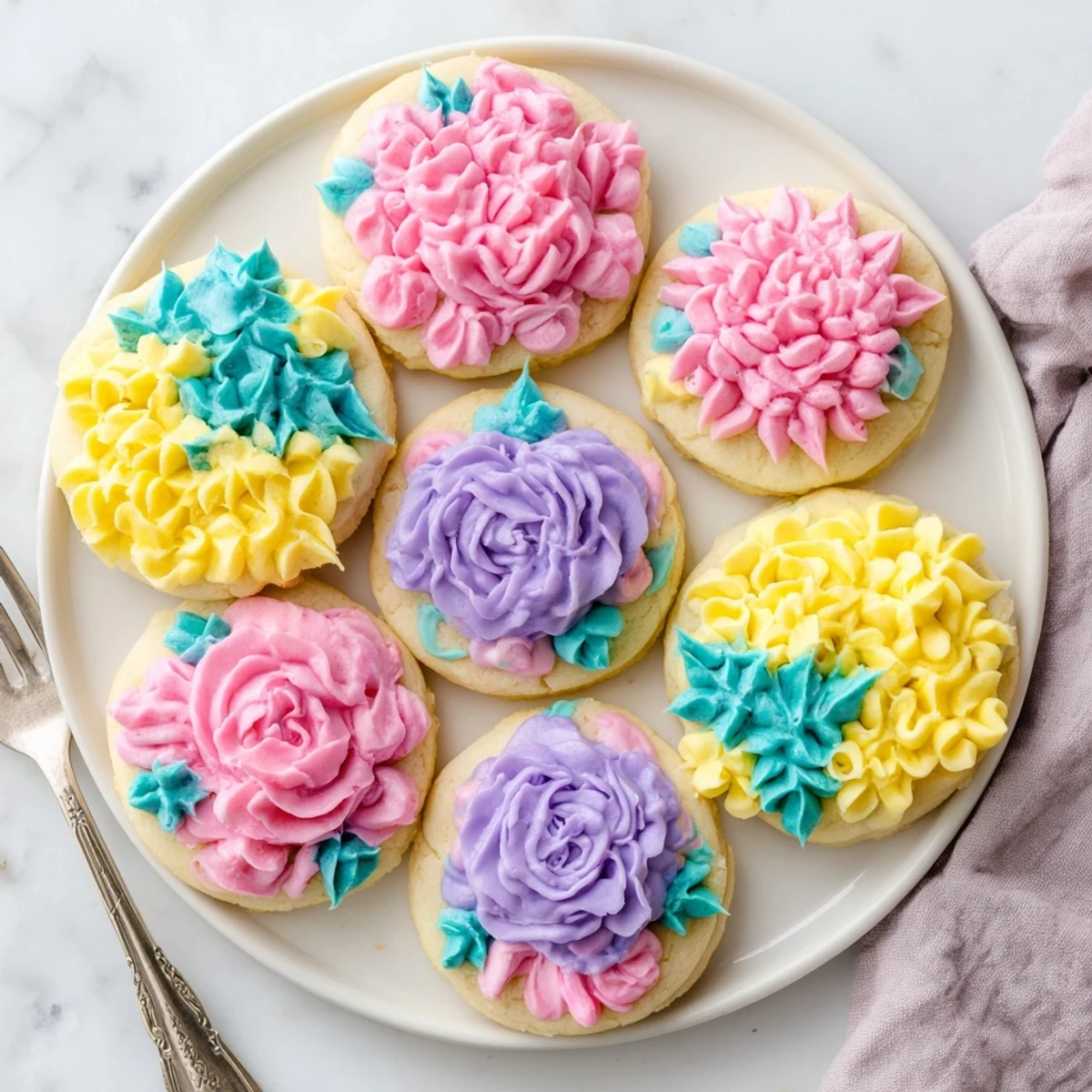 Soft baked cookies decorated with colorful floral buttercream swirls using star and petal piping tips