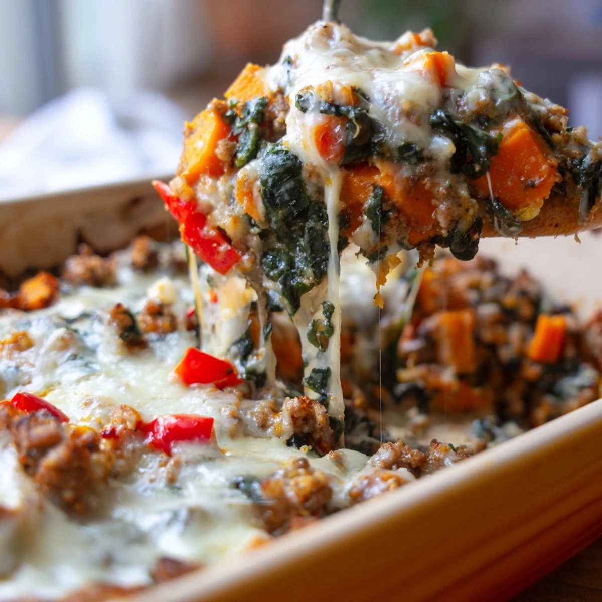 Golden brown ground turkey sweet potato bake casserole with melted cheese topping and colorful diced vegetables