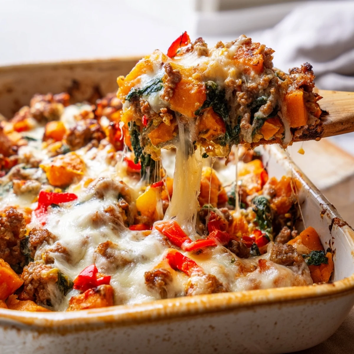 Hearty gluten-free ground turkey sweet potato bake casserole fresh from the oven with bubbling mozzarella and Parmesan