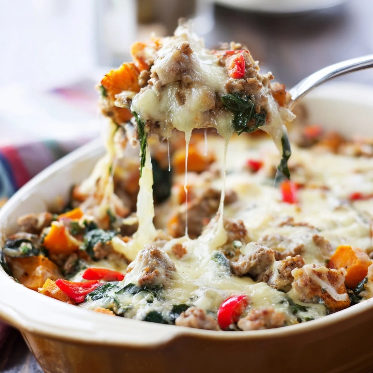 Wholesome one-dish ground turkey sweet potato bake casserole featuring tender potatoes, spinach, and golden cheesy crust