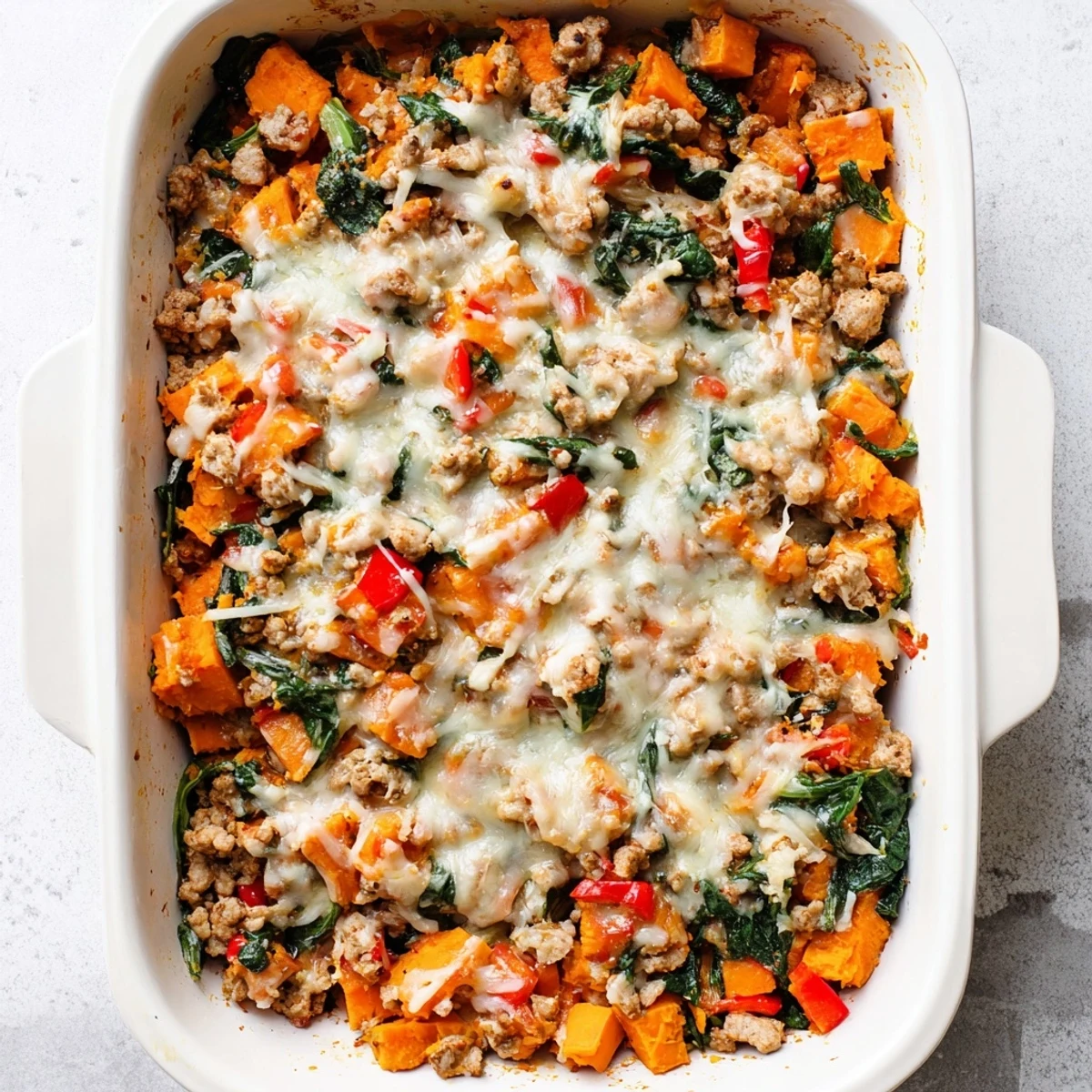 Golden bubbly Ground Turkey Sweet Potato Bake casserole fresh from oven with melted cheese topping