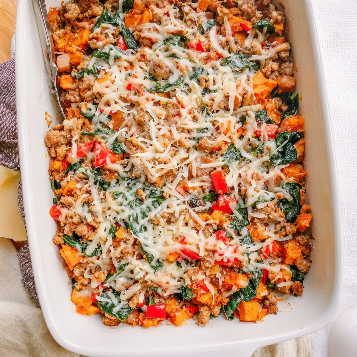 Hearty Ground Turkey Sweet Potato Bake featuring tender orange potatoes browned turkey and savory vegetables