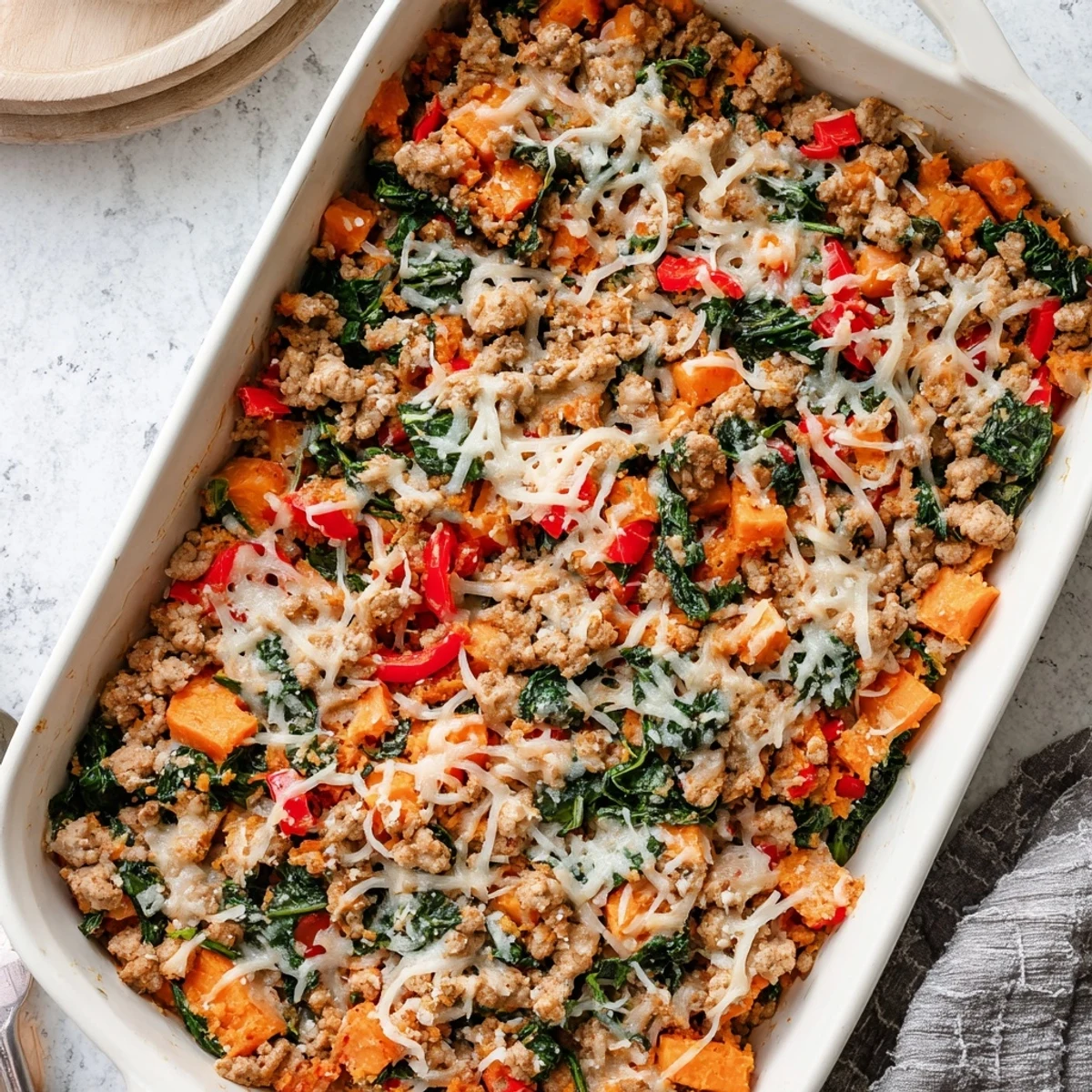 Comforting Ground Turkey Sweet Potato Bake layered with gooey melted mozzarella and parmesan cheese crust