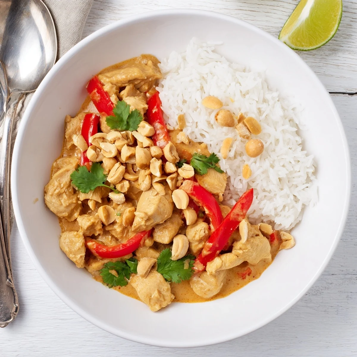 Slow cooker peanut chicken served over fluffy jasmine rice with crushed roasted peanuts and fresh cilantro garnish